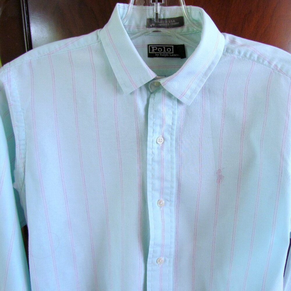 BOY'S SHIRT, 18, POLO RALPH LAUREN AQUA STRIPE COTTON POLO PONY LONG SLEEVE